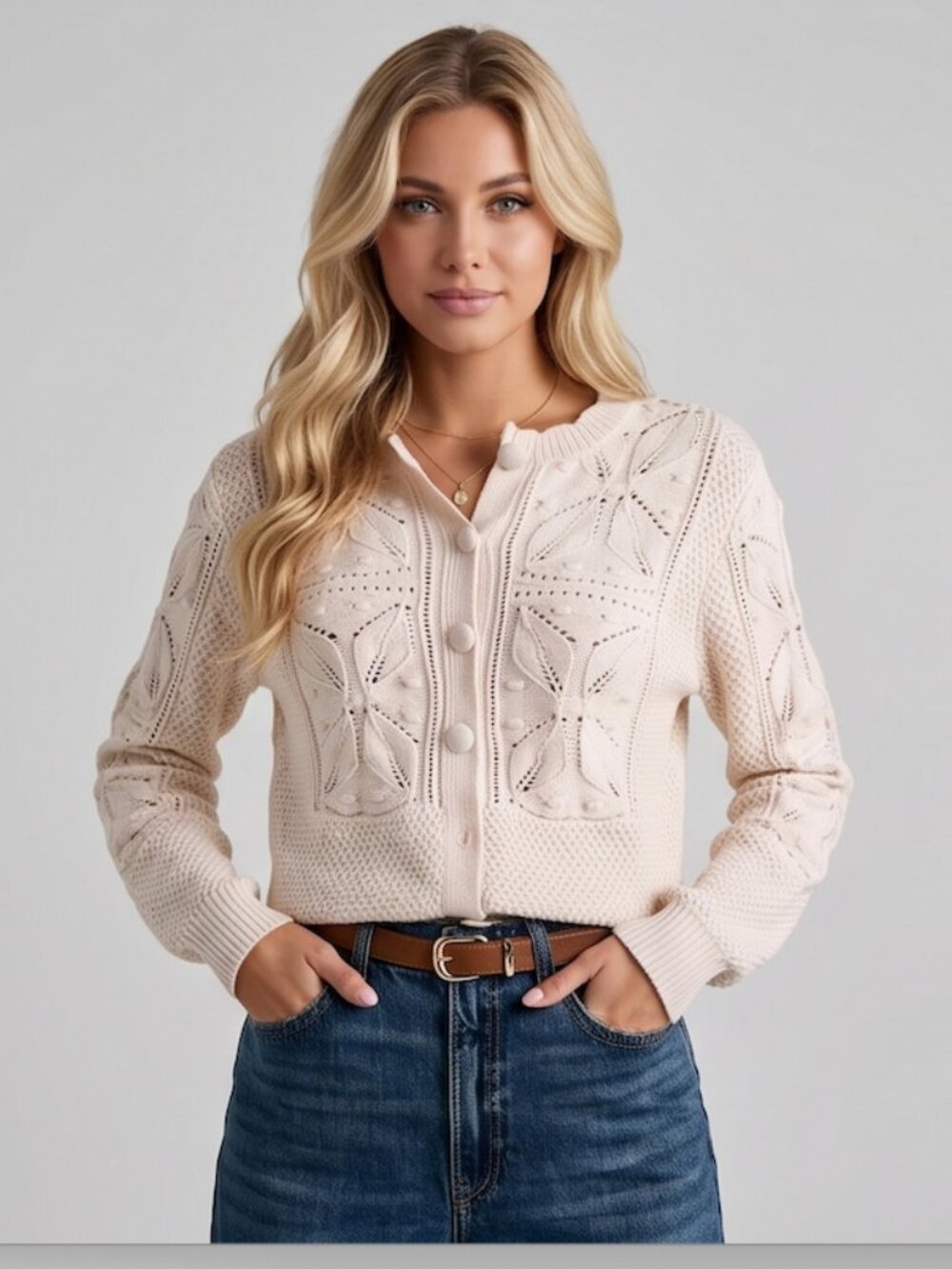 Cream Pointelle Cable Knit Cardigan Sweater